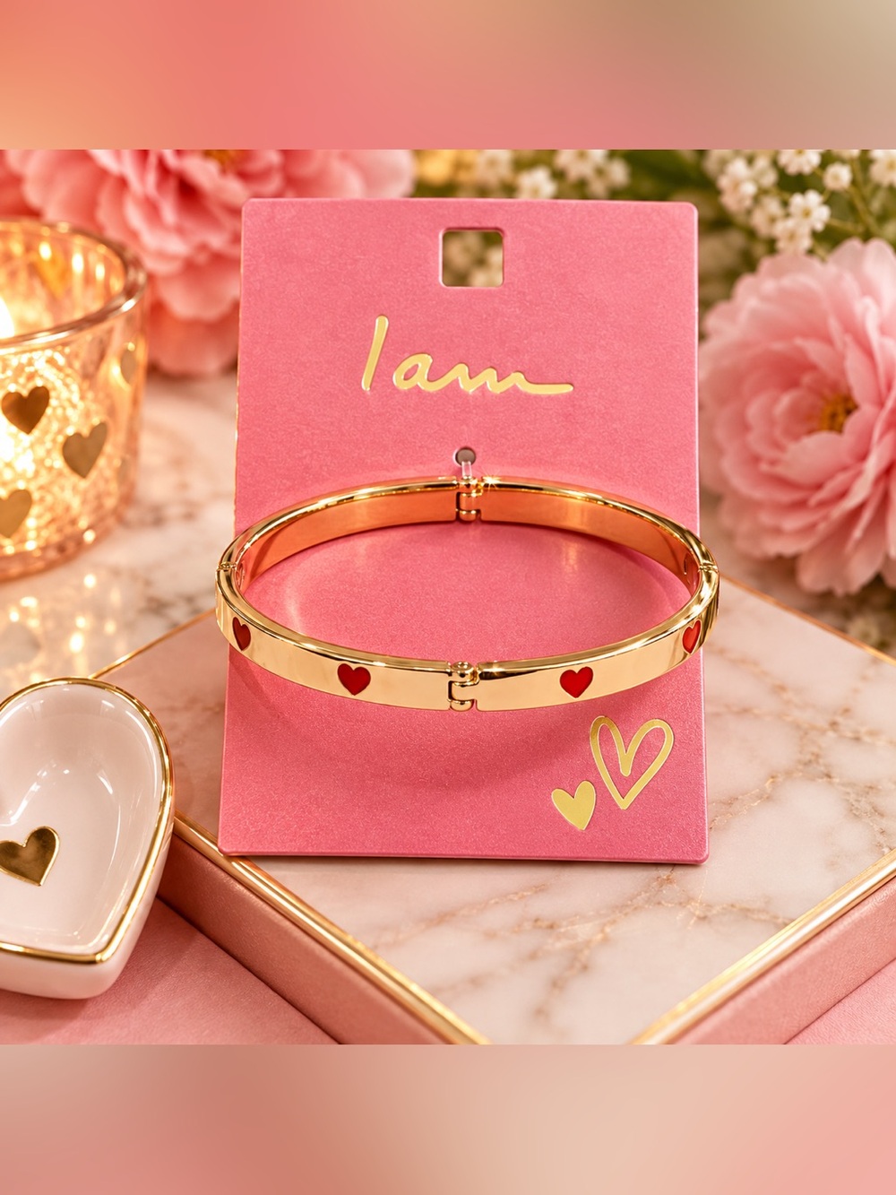 I Am Gold-Tone Openable Bangle Bracelet Red Enamel Heart Accents